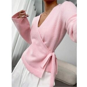 Pink Wrap Tie Side Cardigan Long Sleeve V-Neck